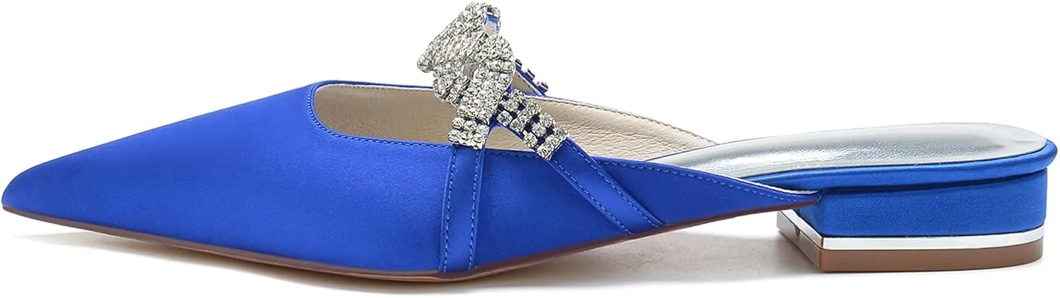 Women's Mules Flats Pointed Toe Backless Loafers Slip on Slides for Wedding Bridal Dress Shoes