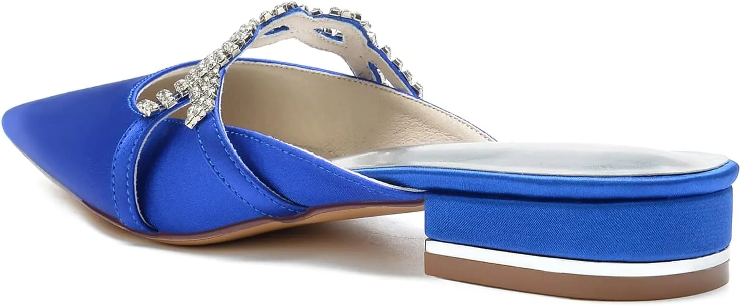 Women's Mules Flats Pointed Toe Backless Loafers Slip on Slides for Wedding Bridal Dress Shoes