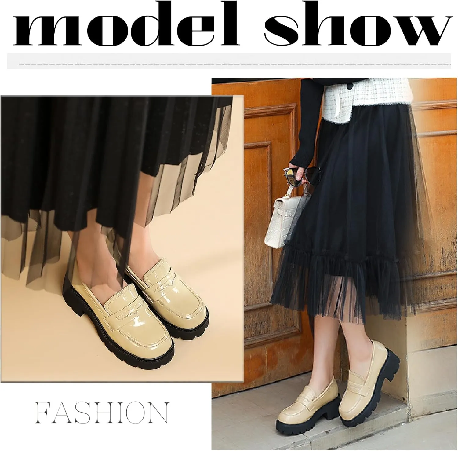 Women's Patent Leather Platform Chunky Heels Loafers Classic Round Toe Anti-Slip Lug Sole Comfortable Mid Heel Slip On Loafers for Casual Date Work Dess Shoes