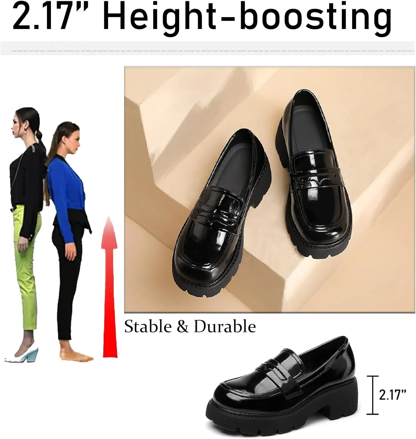 Women's Patent Leather Platform Chunky Heels Loafers Classic Round Toe Anti-Slip Lug Sole Comfortable Mid Heel Slip On Loafers for Casual Date Work Dess Shoes