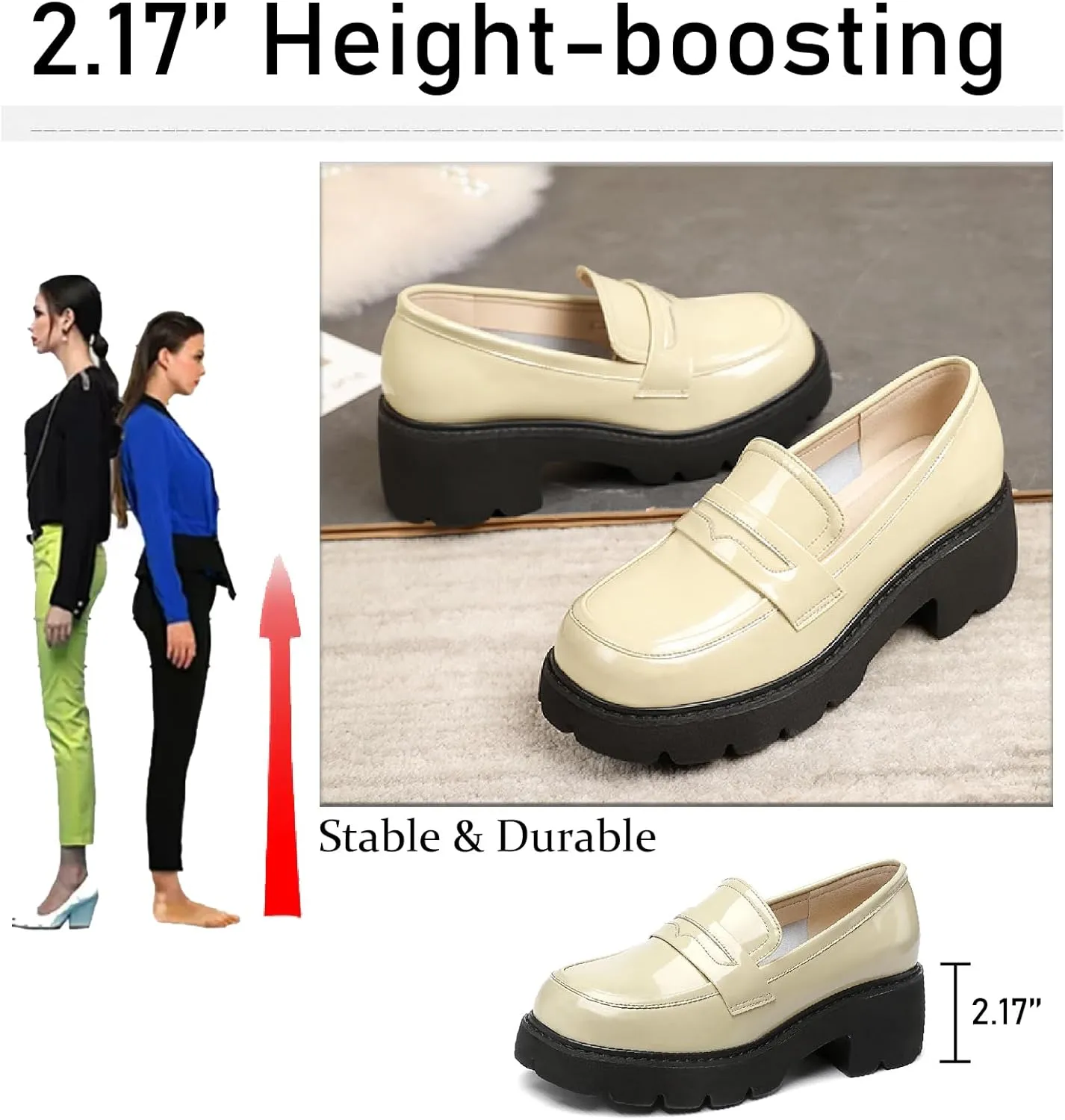 Women's Patent Leather Platform Chunky Heels Loafers Classic Round Toe Anti-Slip Lug Sole Comfortable Mid Heel Slip On Loafers for Casual Date Work Dess Shoes