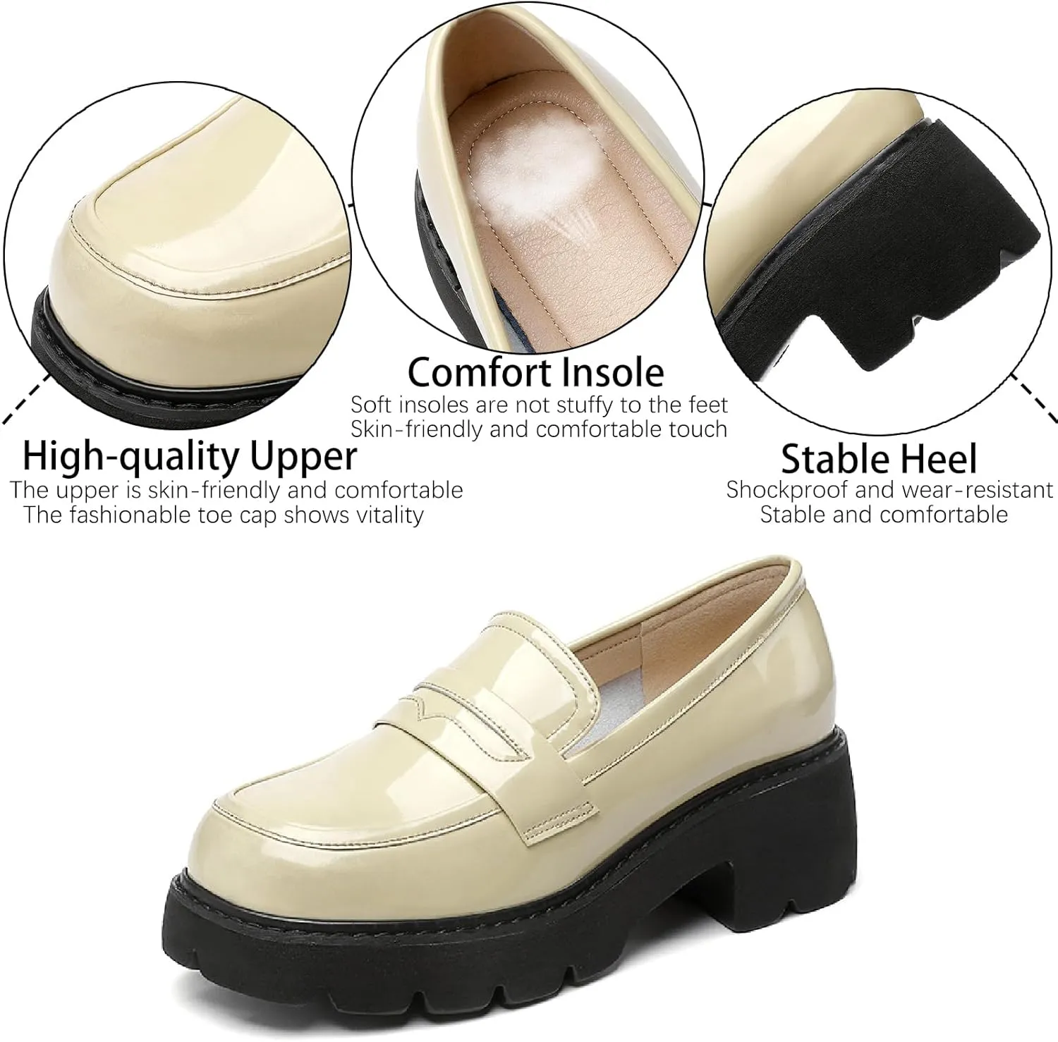Women's Patent Leather Platform Chunky Heels Loafers Classic Round Toe Anti-Slip Lug Sole Comfortable Mid Heel Slip On Loafers for Casual Date Work Dess Shoes