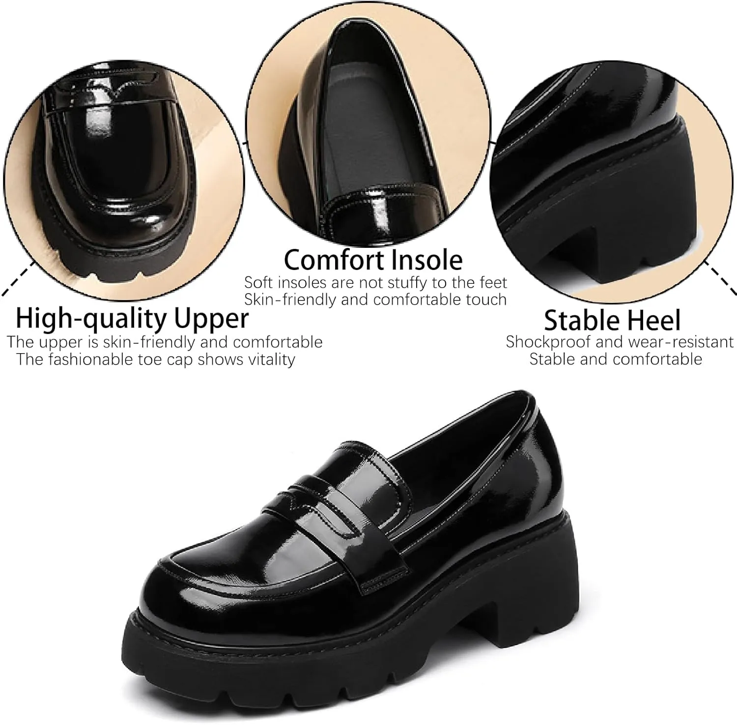 Women's Patent Leather Platform Chunky Heels Loafers Classic Round Toe Anti-Slip Lug Sole Comfortable Mid Heel Slip On Loafers for Casual Date Work Dess Shoes