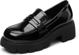 Women's Patent Leather Platform Chunky Heels Loafers Classic Round Toe Anti-Slip Lug Sole Comfortable Mid Heel Slip On Loafers for Casual Date Work Dess Shoes
