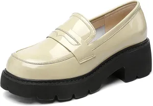 Women's Patent Leather Platform Chunky Heels Loafers Classic Round Toe Anti-Slip Lug Sole Comfortable Mid Heel Slip On Loafers for Casual Date Work Dess Shoes