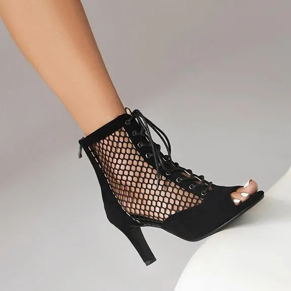 Women's Peep Toe Mesh Stiletto High Heels Ankle Boots Lace Up Summer Latin Dress Shoes Dance Booties for Women