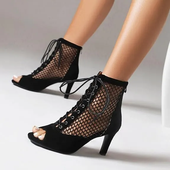 Women's Peep Toe Mesh Stiletto High Heels Ankle Boots Lace Up Summer Latin Dress Shoes Dance Booties for Women