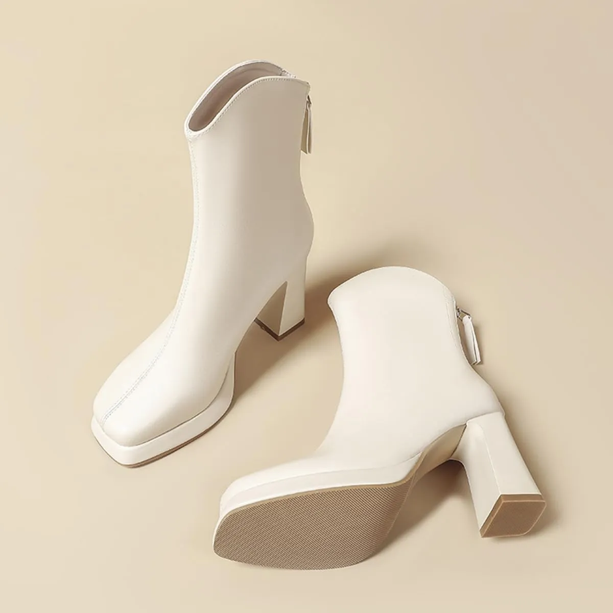 Womens Platform Gogo Ankle Boots High Chunky Block Heel Square Toe Booties Shoes with Back Zipper