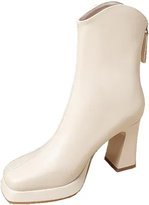 Womens Platform Gogo Ankle Boots High Chunky Block Heel Square Toe Booties Shoes with Back Zipper