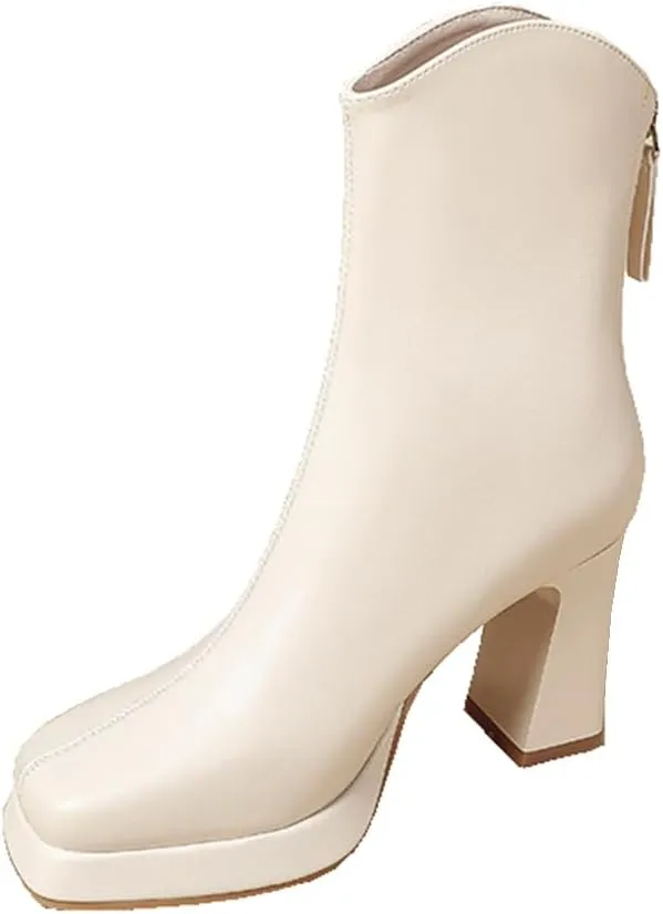Womens Platform Gogo Ankle Boots High Chunky Block Heel Square Toe Booties Shoes with Back Zipper