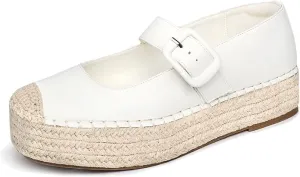 Women's Platform Mary Janes Shoes Women Espadrilles Flats Leather Round-Toe Buckle Strap Espadrilles Mary Janes for Women