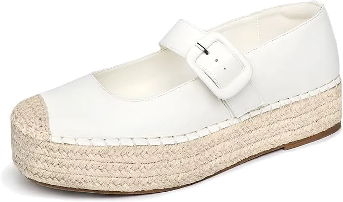 Women's Platform Mary Janes Shoes Women Espadrilles Flats Leather Round-Toe Buckle Strap Espadrilles Mary Janes for Women
