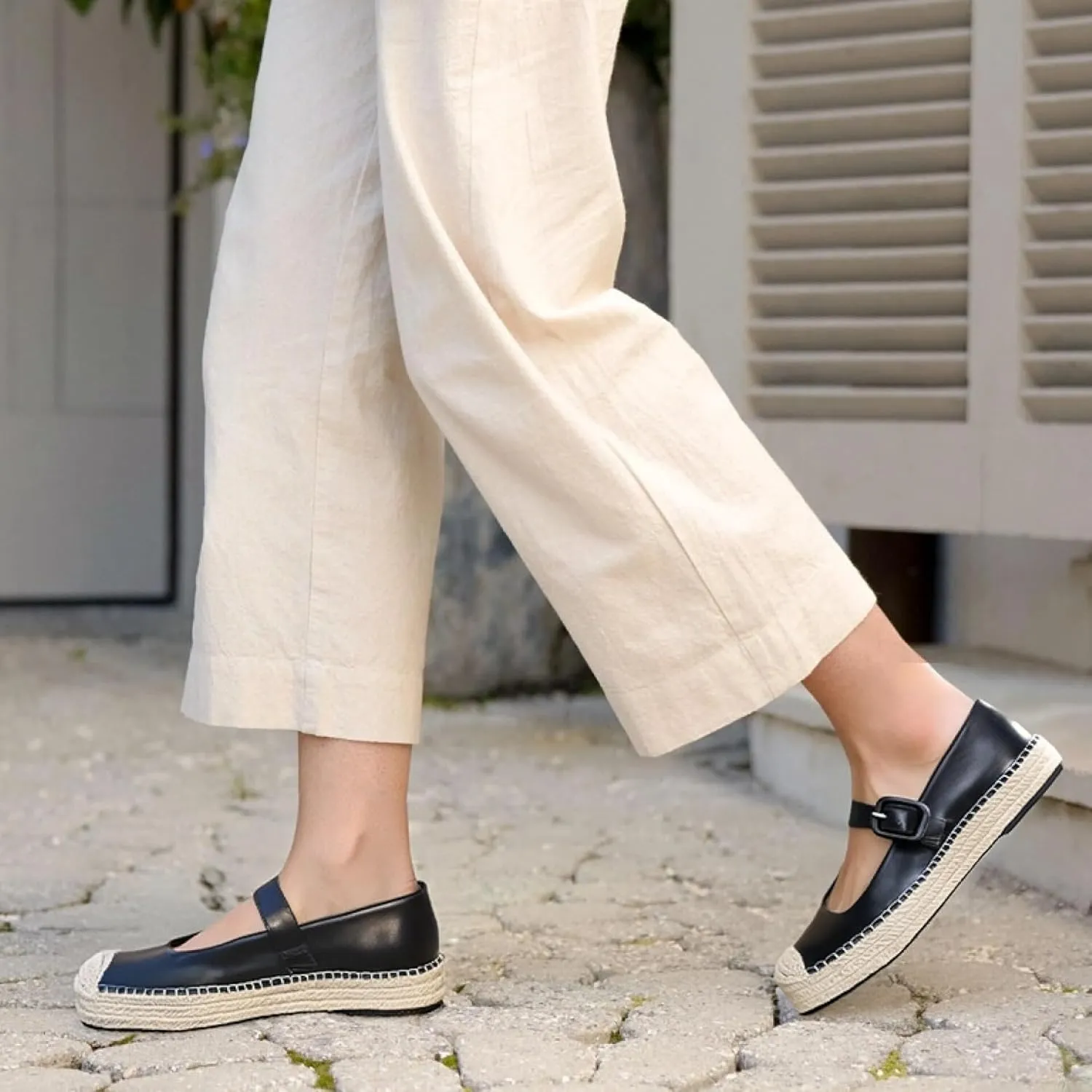 Women's Platform Mary Janes Shoes Women Espadrilles Flats Leather Round-Toe Buckle Strap Espadrilles Mary Janes for Women