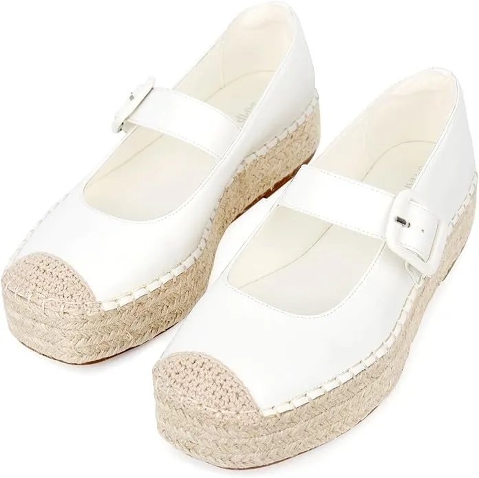 Women's Platform Mary Janes Shoes Women Espadrilles Flats Leather Round-Toe Buckle Strap Espadrilles Mary Janes for Women