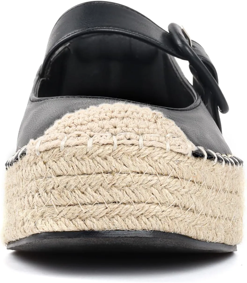 Women's Platform Mary Janes Shoes Women Espadrilles Flats Leather Round-Toe Buckle Strap Espadrilles Mary Janes for Women