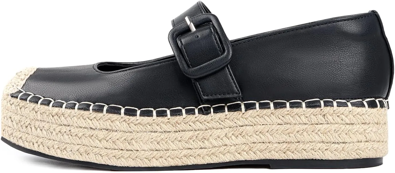 Women's Platform Mary Janes Shoes Women Espadrilles Flats Leather Round-Toe Buckle Strap Espadrilles Mary Janes for Women