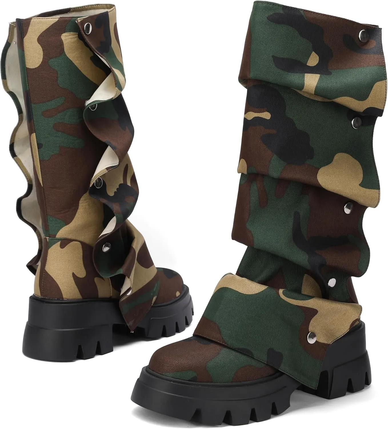 Women's Platform Mid-Calf Boots Fold Over Slouchy Style with Removable Ruched Panel Round Toe 3-In Chunky Heel Boots