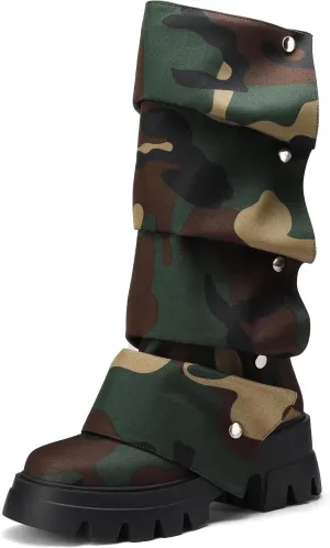 Women's Platform Mid-Calf Boots Fold Over Slouchy Style with Removable Ruched Panel Round Toe 3-In Chunky Heel Boots