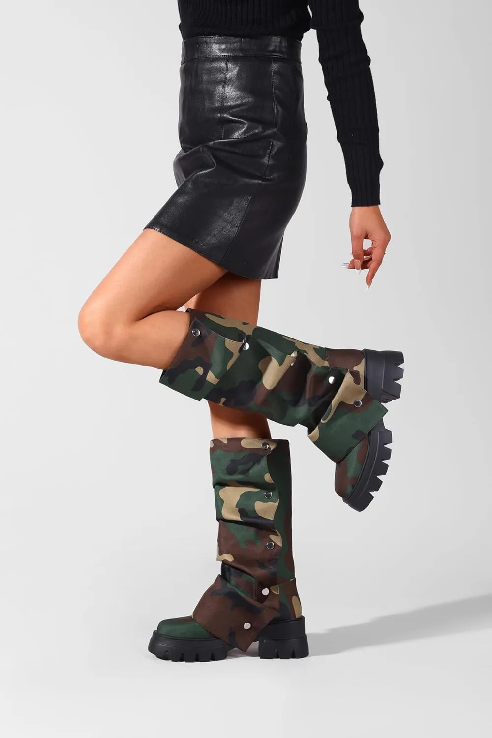 Women's Platform Mid-Calf Boots Fold Over Slouchy Style with Removable Ruched Panel Round Toe 3-In Chunky Heel Boots