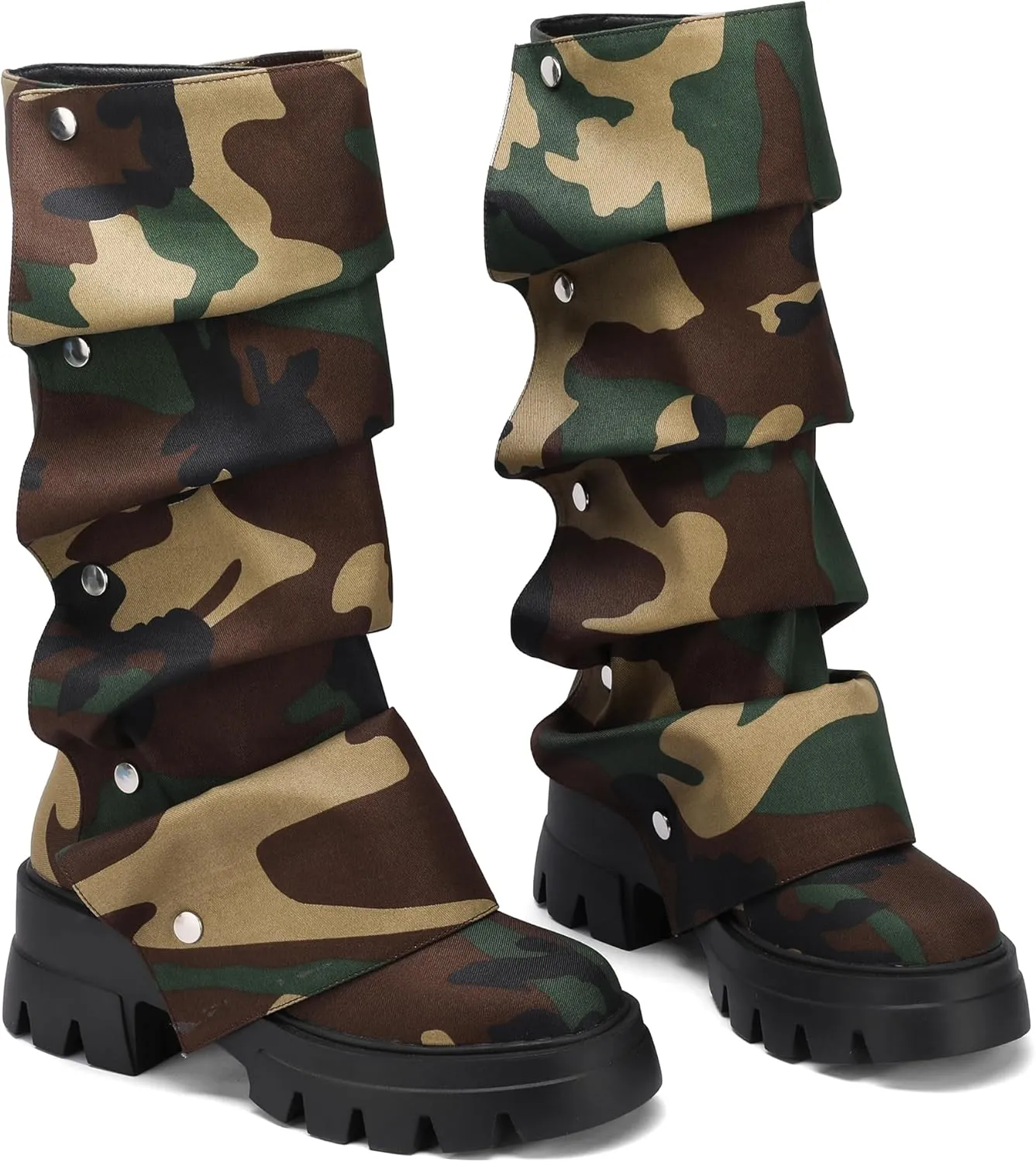 Women's Platform Mid-Calf Boots Fold Over Slouchy Style with Removable Ruched Panel Round Toe 3-In Chunky Heel Boots