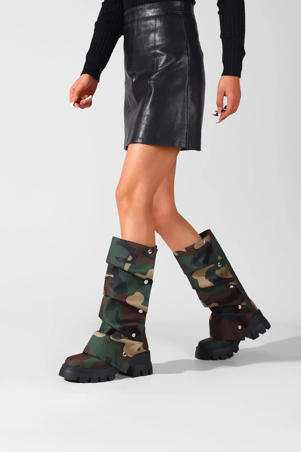 Women's Platform Mid-Calf Boots Fold Over Slouchy Style with Removable Ruched Panel Round Toe 3-In Chunky Heel Boots