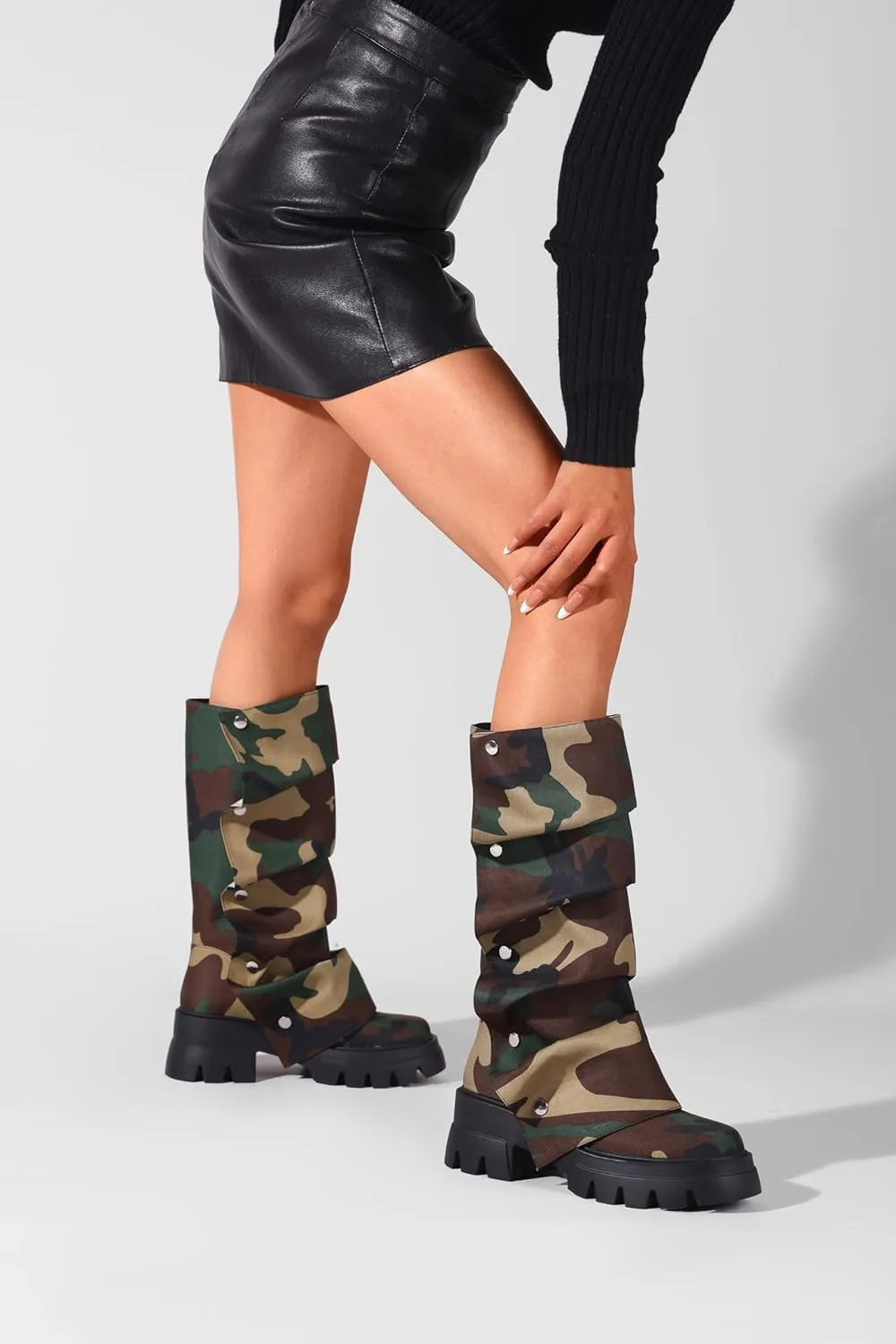 Women's Platform Mid-Calf Boots Fold Over Slouchy Style with Removable Ruched Panel Round Toe 3-In Chunky Heel Boots