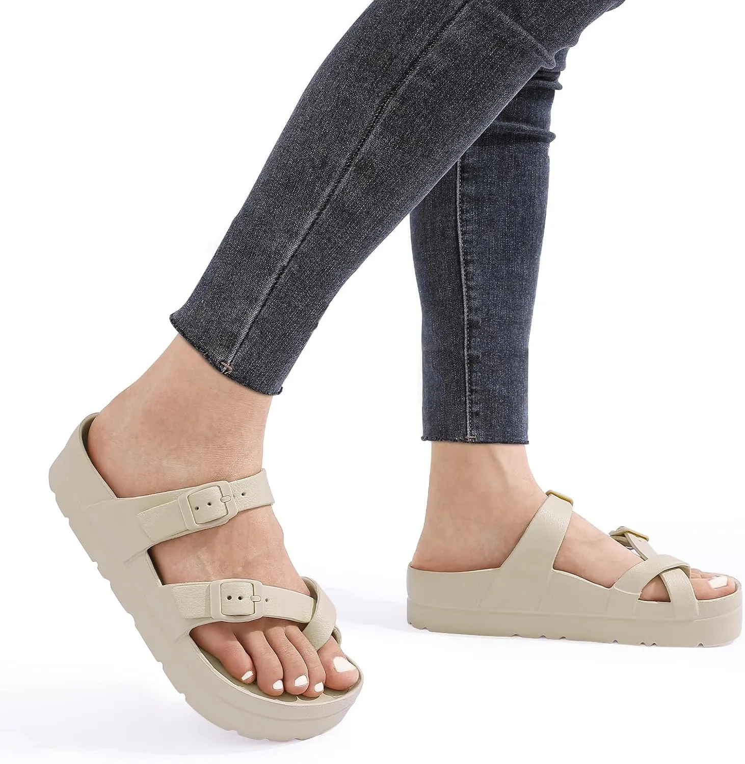 Women's Platform Sandals with Arch Support Comfortable Foam Slides Summer Beach Sandals with Adjustable Buckle