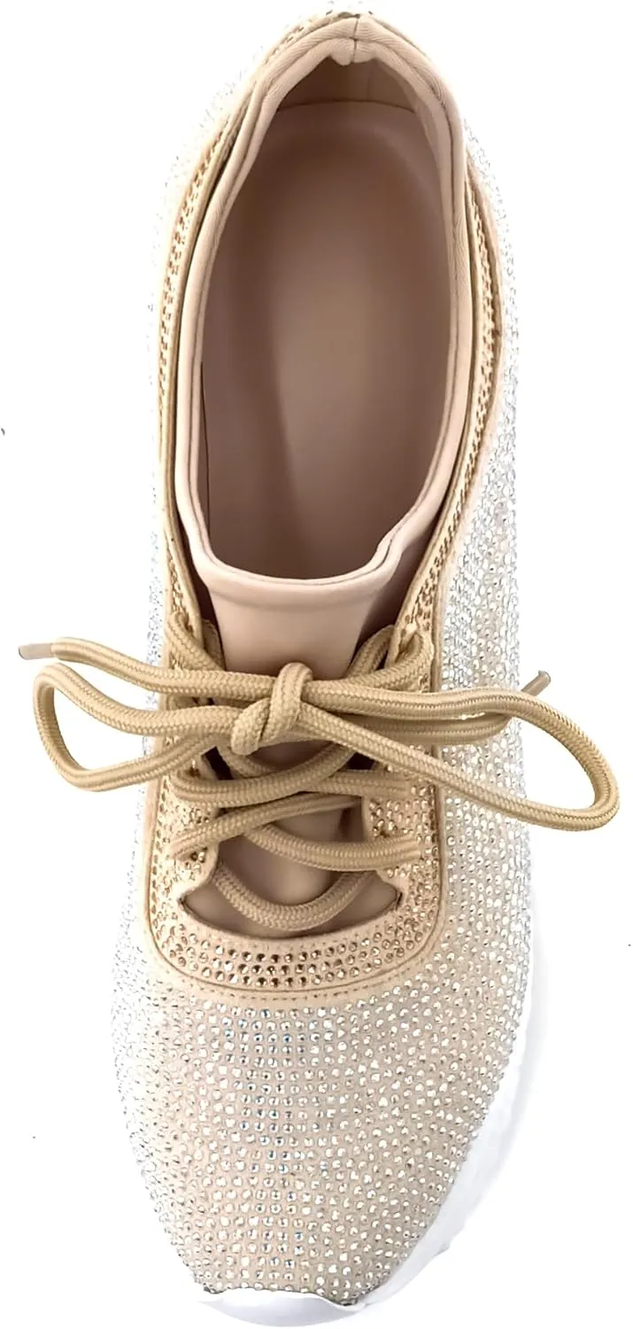Women's Platform Sneakers Fashion Rhinestone Sneakers Shoes Low Top Walking Shoes Lace Up