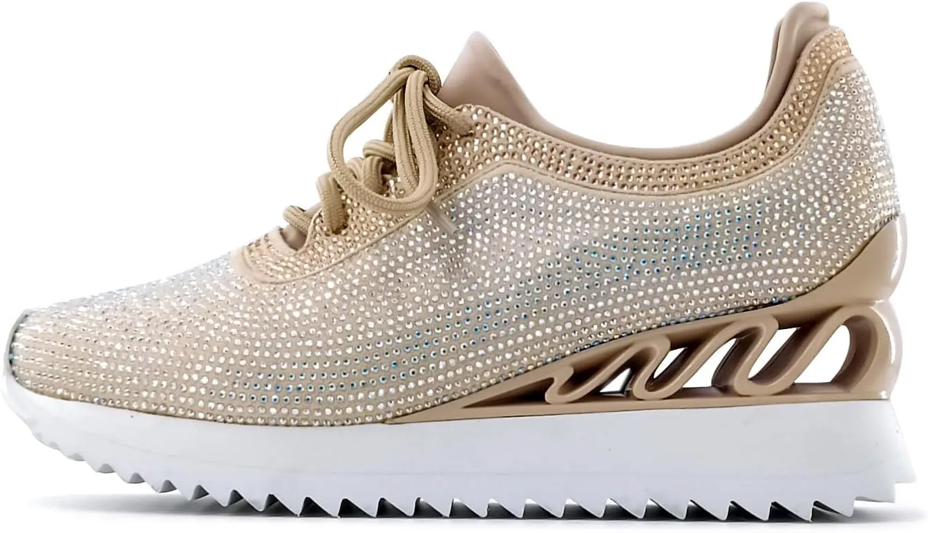 Women's Platform Sneakers Fashion Rhinestone Sneakers Shoes Low Top Walking Shoes Lace Up