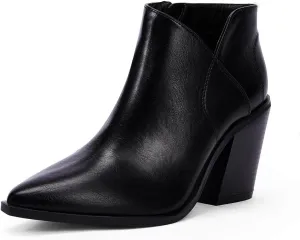 Womens Pointed Toe Ankle Boots Block Stacked Chunky Heel Cutout Side Zipper Fall Booties Shoe