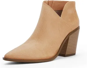 Womens Pointed Toe Ankle Boots Block Stacked Chunky Heel Cutout Side Zipper Fall Booties Shoe