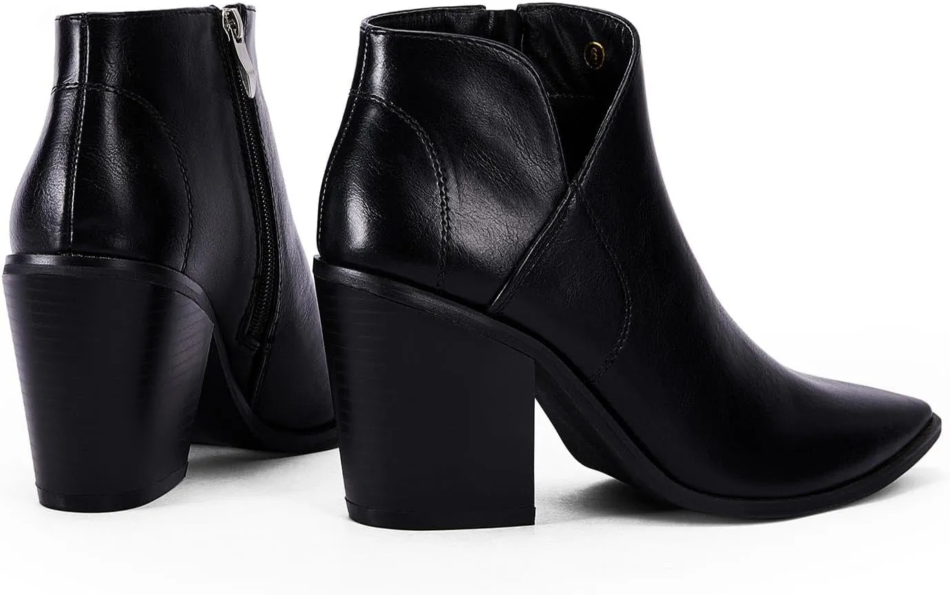Womens Pointed Toe Ankle Boots Block Stacked Chunky Heel Cutout Side Zipper Fall Booties Shoe