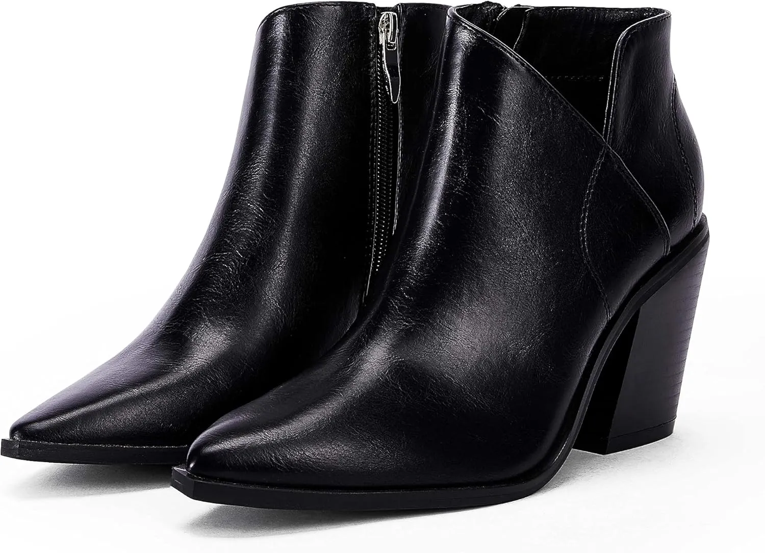 Womens Pointed Toe Ankle Boots Block Stacked Chunky Heel Cutout Side Zipper Fall Booties Shoe