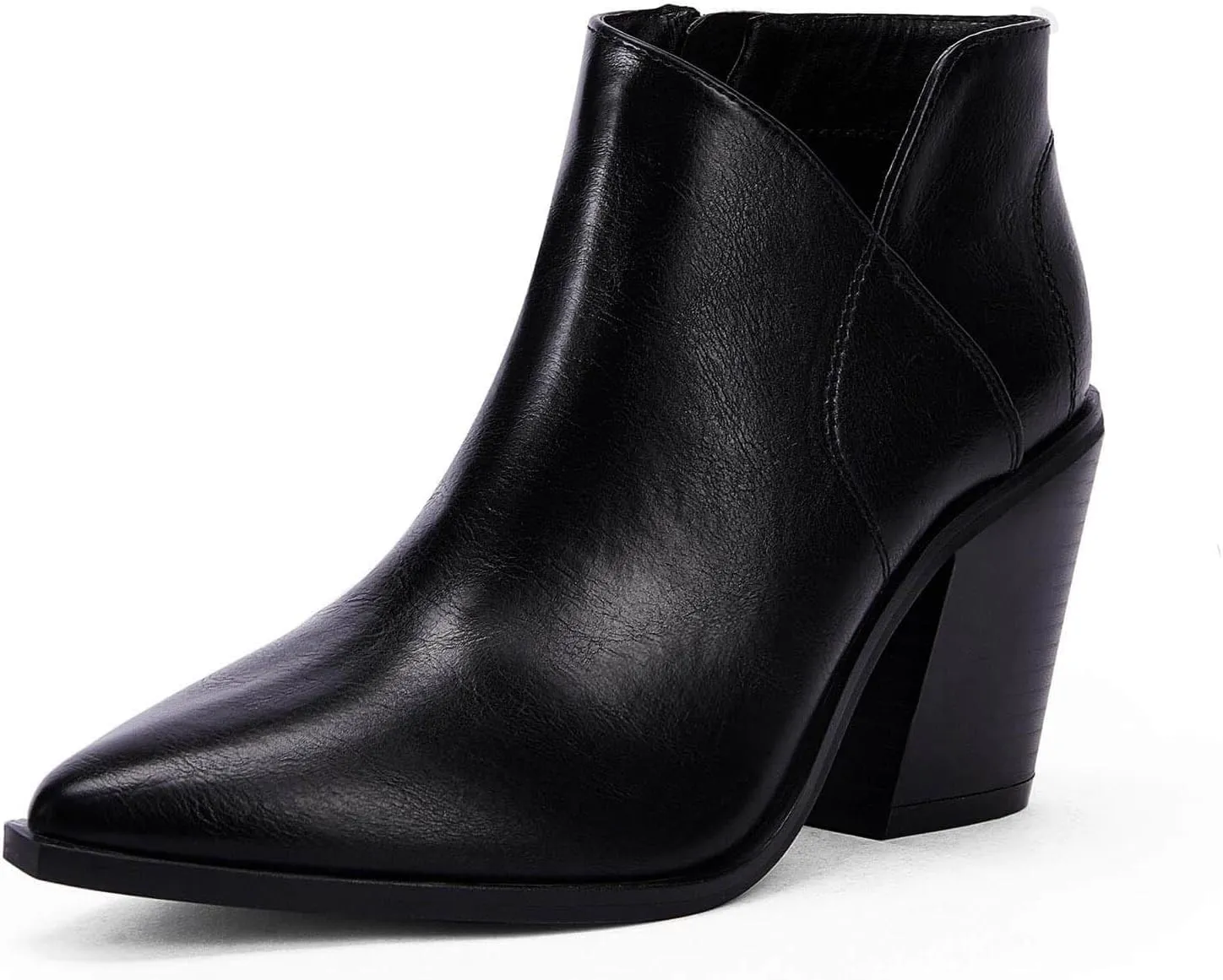 Womens Pointed Toe Ankle Boots Block Stacked Chunky Heel Cutout Side Zipper Fall Booties Shoe