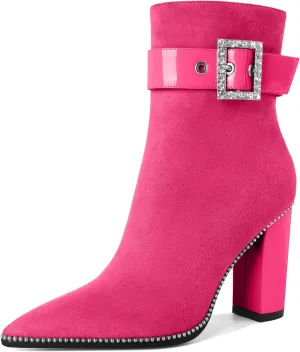 Womens Pointed Toe Beaded Ankle Boots Side Zipper 3.7 Inches Chunky High Heel Strap Buckle Short Boots