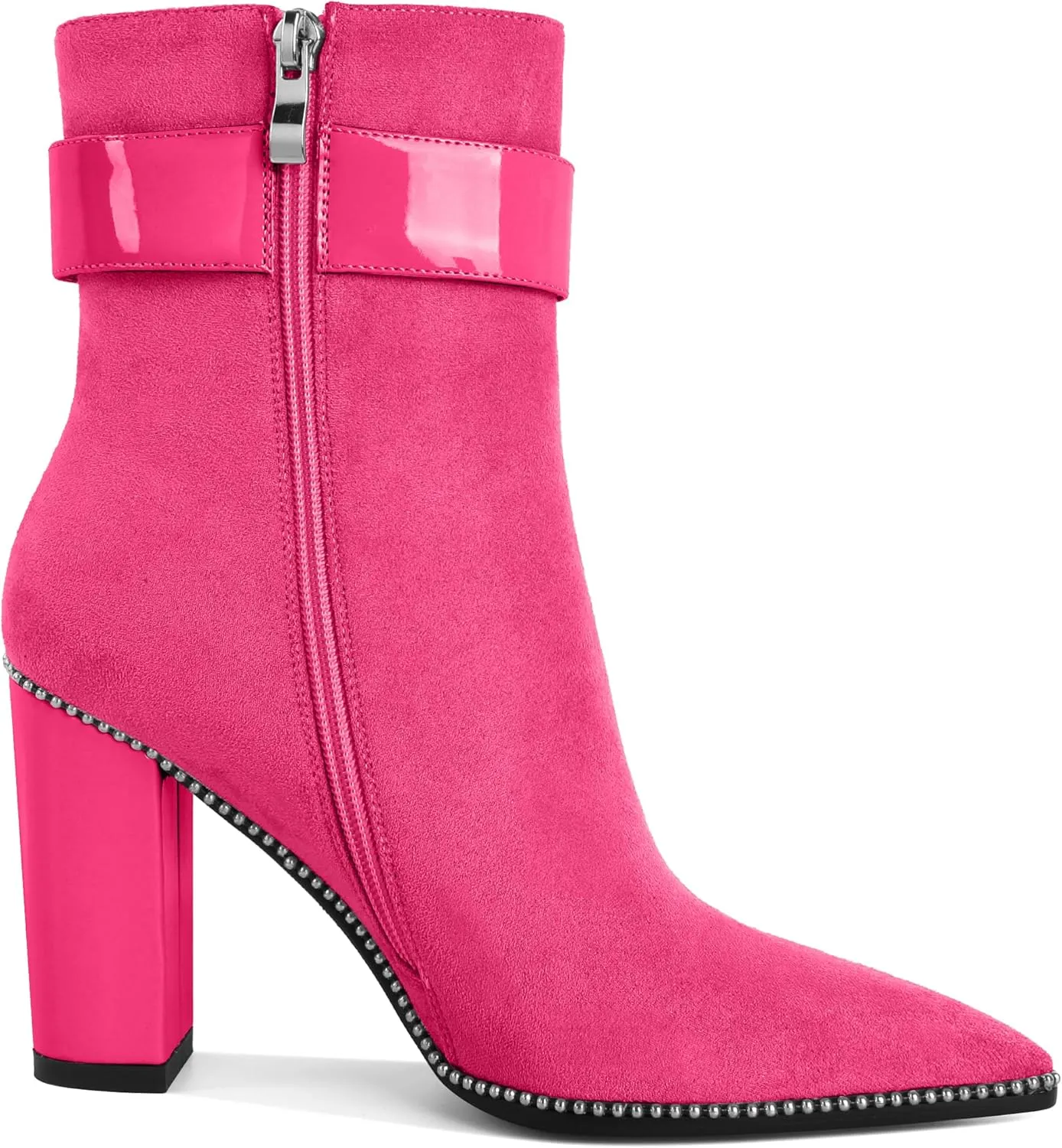 Womens Pointed Toe Beaded Ankle Boots Side Zipper 3.7 Inches Chunky High Heel Strap Buckle Short Boots