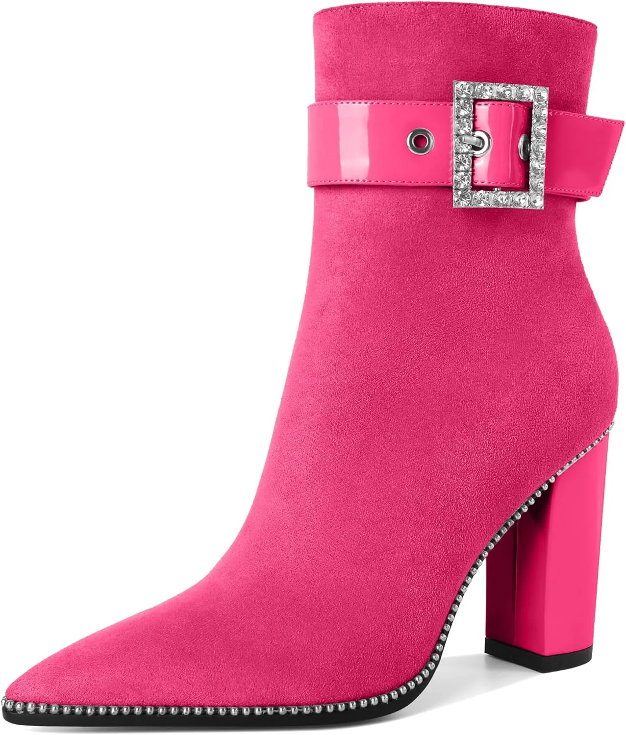 Womens Pointed Toe Beaded Ankle Boots Side Zipper 3.7 Inches Chunky High Heel Strap Buckle Short Boots