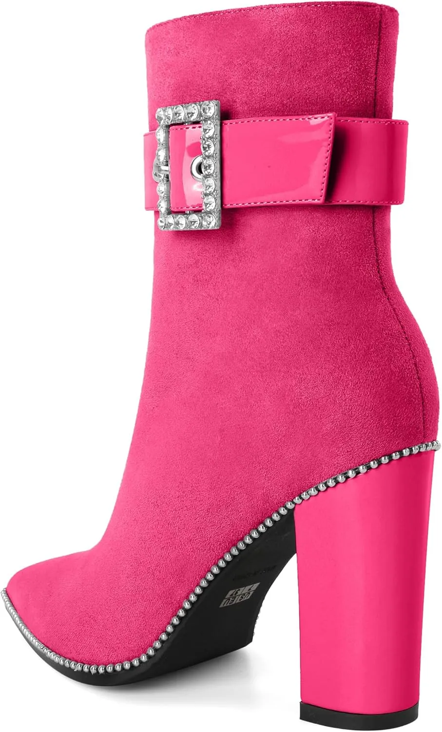 Womens Pointed Toe Beaded Ankle Boots Side Zipper 3.7 Inches Chunky High Heel Strap Buckle Short Boots