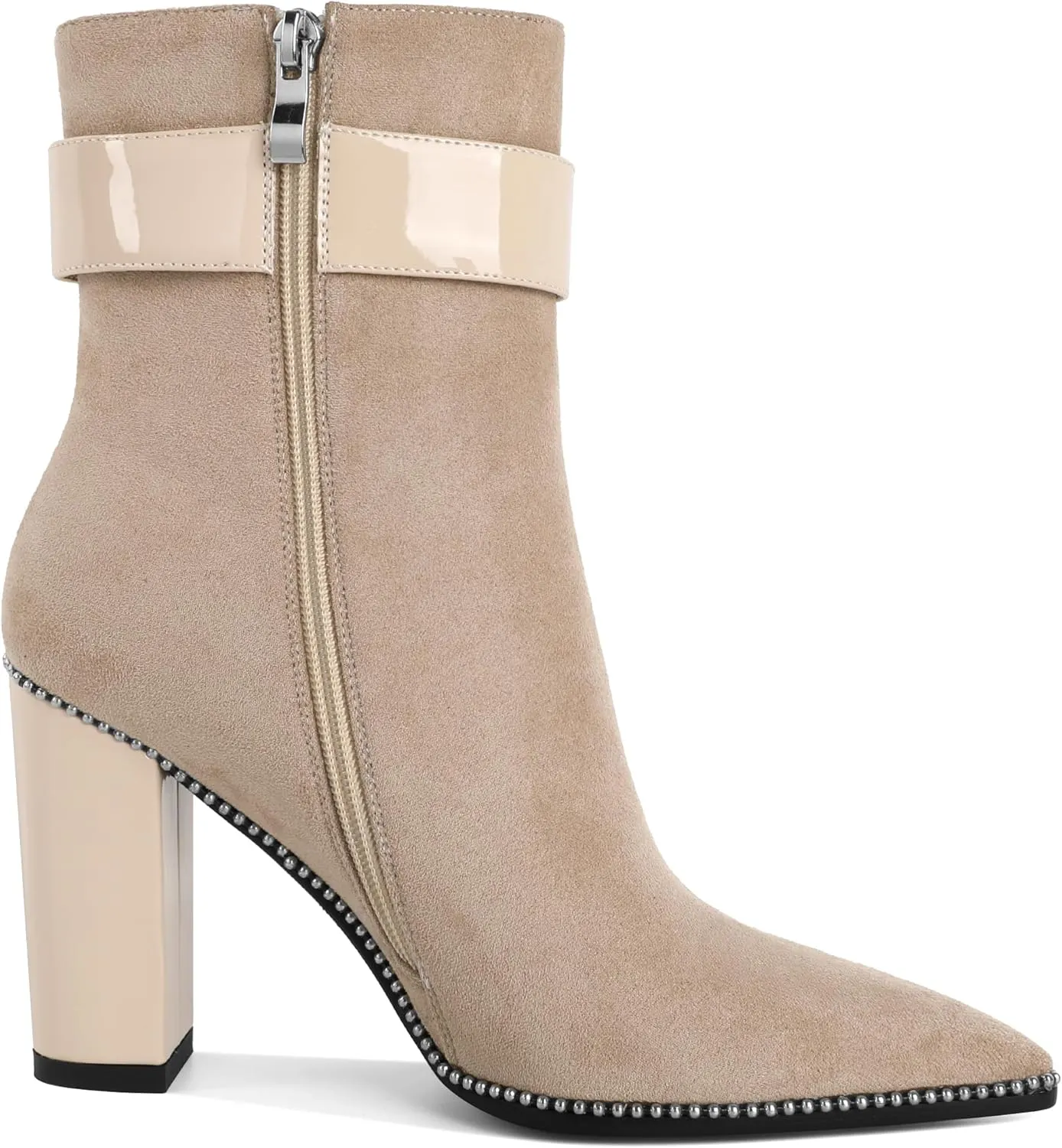 Womens Pointed Toe Beaded Ankle Boots Side Zipper 3.7 Inches Chunky High Heel Strap Buckle Short Boots