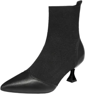 Women's Pointed Toe Kitten Heels Sock Ankle BootsKnit Cowhide Splicing Fashionable and Sexy Mid Calf Booties Stretch Knit Warm Dressy Booties