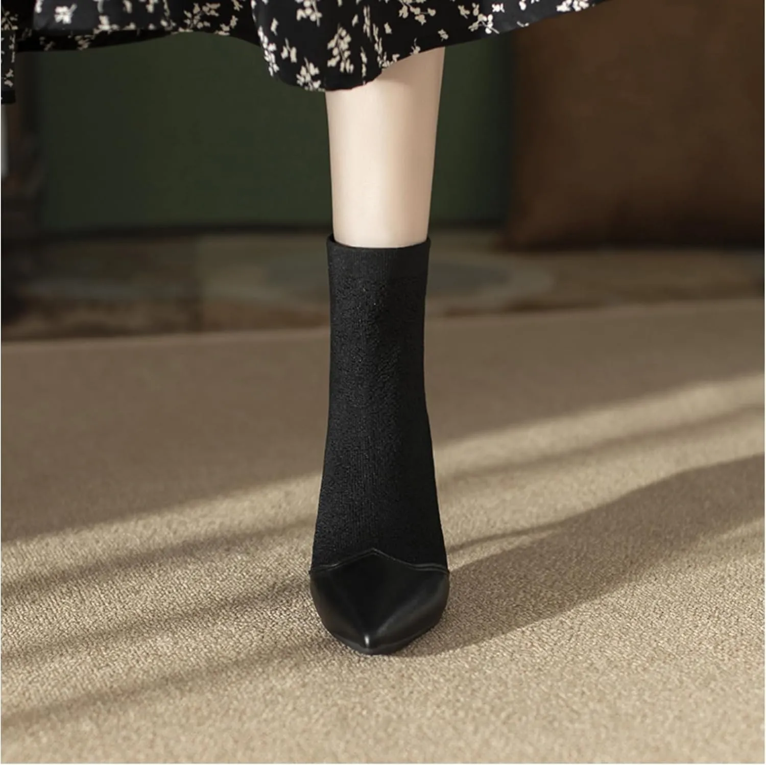Women's Pointed Toe Kitten Heels Sock Ankle BootsKnit Cowhide Splicing Fashionable and Sexy Mid Calf Booties Stretch Knit Warm Dressy Booties