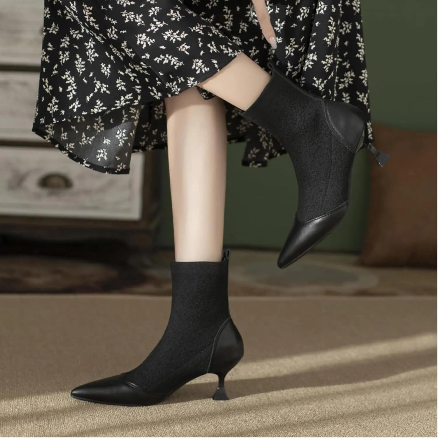 Women's Pointed Toe Kitten Heels Sock Ankle BootsKnit Cowhide Splicing Fashionable and Sexy Mid Calf Booties Stretch Knit Warm Dressy Booties