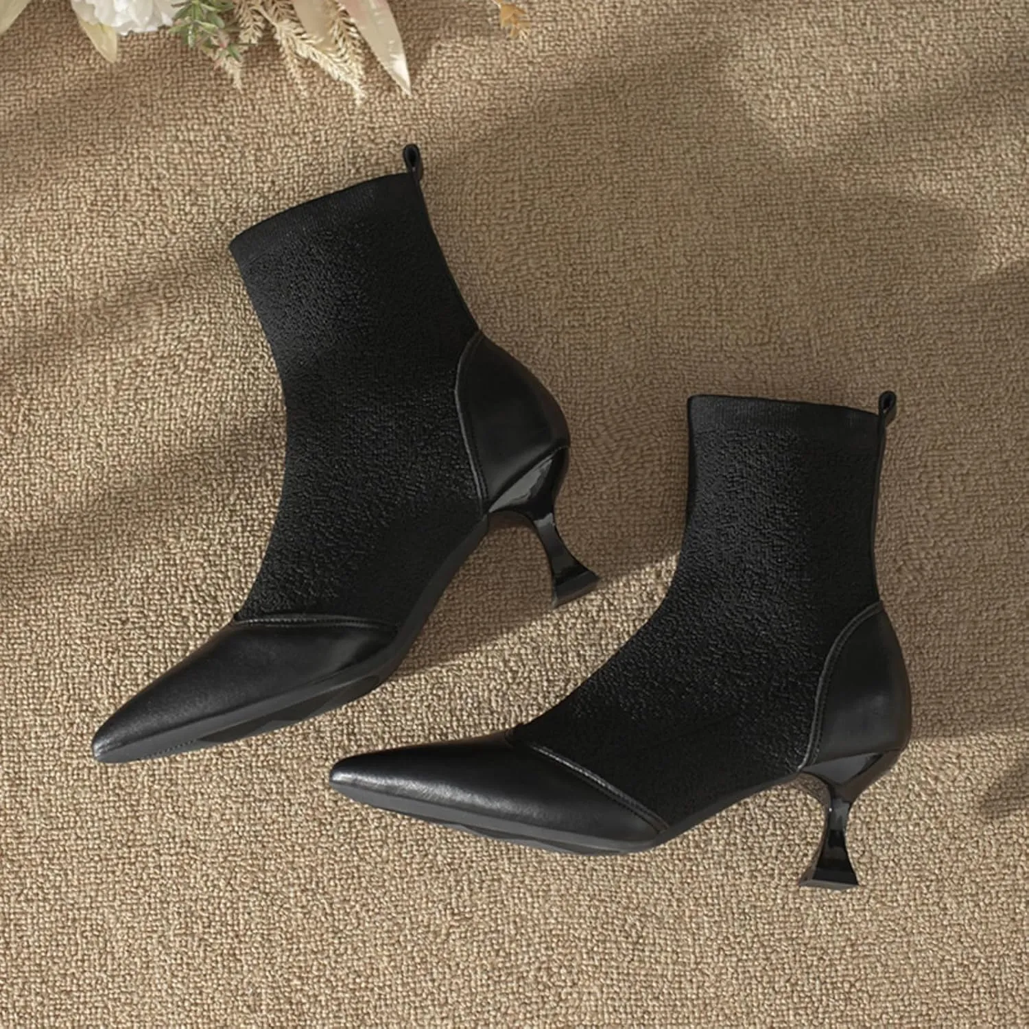 Women's Pointed Toe Kitten Heels Sock Ankle BootsKnit Cowhide Splicing Fashionable and Sexy Mid Calf Booties Stretch Knit Warm Dressy Booties