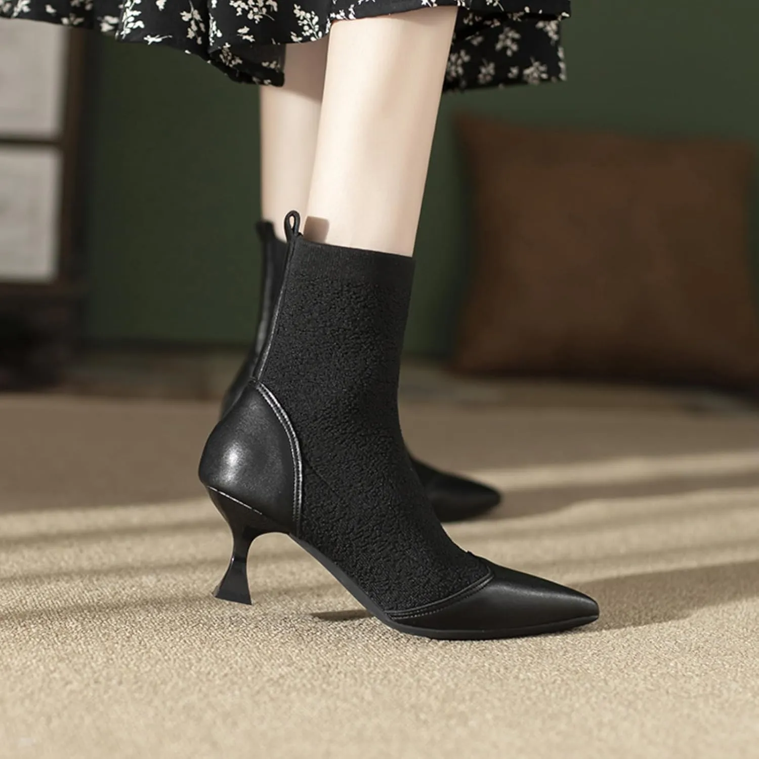 Women's Pointed Toe Kitten Heels Sock Ankle BootsKnit Cowhide Splicing Fashionable and Sexy Mid Calf Booties Stretch Knit Warm Dressy Booties