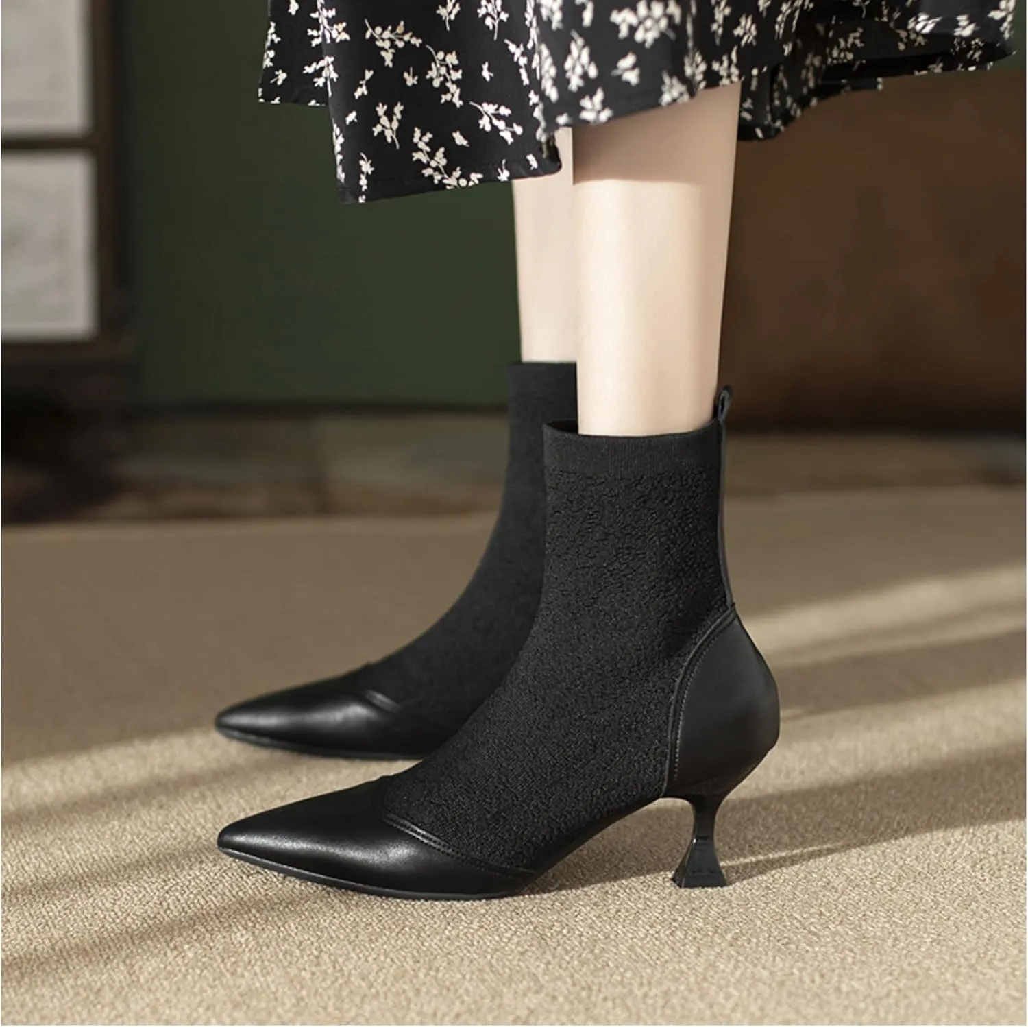 Women's Pointed Toe Kitten Heels Sock Ankle BootsKnit Cowhide Splicing Fashionable and Sexy Mid Calf Booties Stretch Knit Warm Dressy Booties