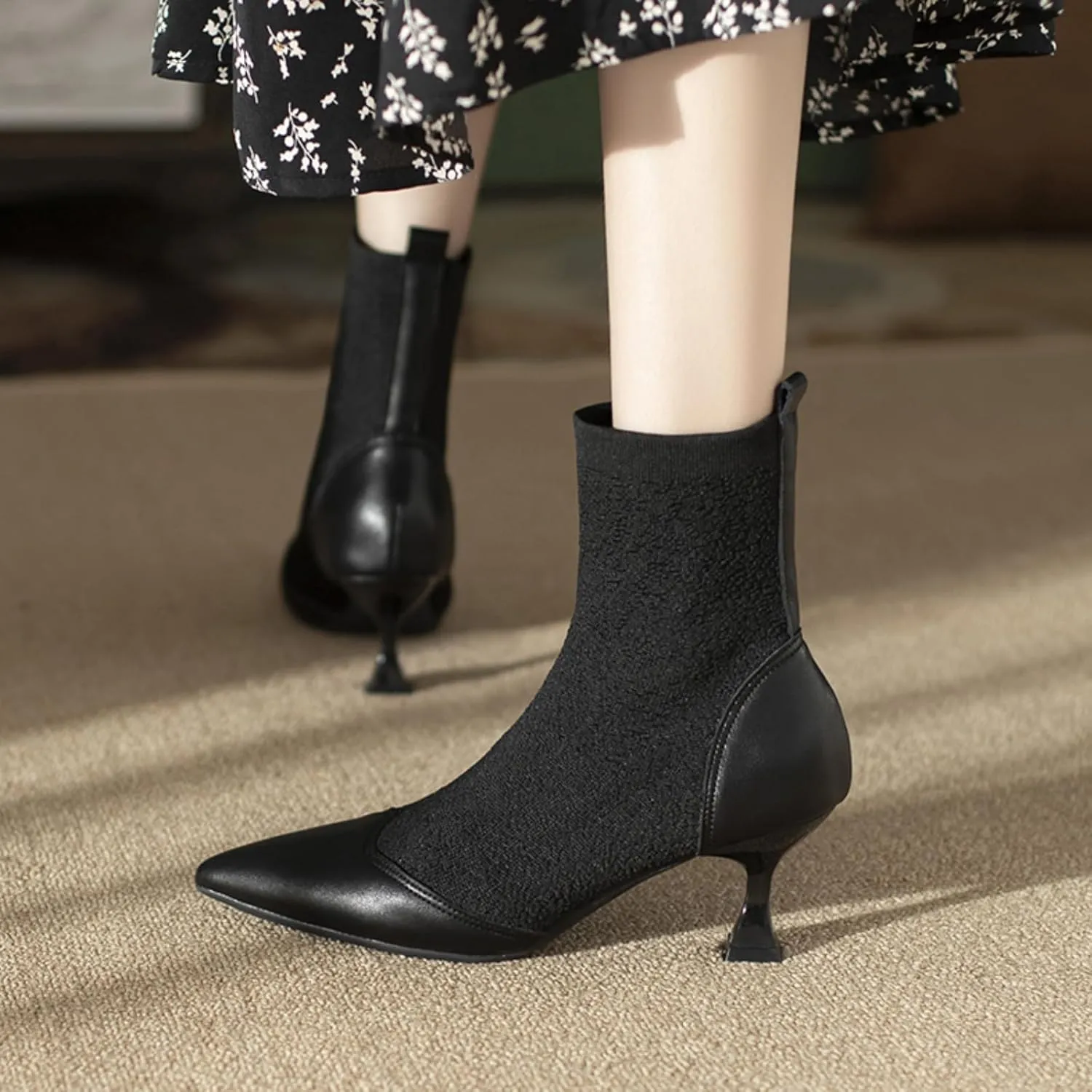Women's Pointed Toe Kitten Heels Sock Ankle BootsKnit Cowhide Splicing Fashionable and Sexy Mid Calf Booties Stretch Knit Warm Dressy Booties