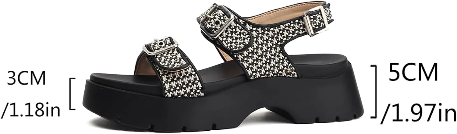 Women's Raffia Platform Sandals Adjustable Double Buckle Strap Open Toe Slingback Summer Beach Sandals Thick Sole