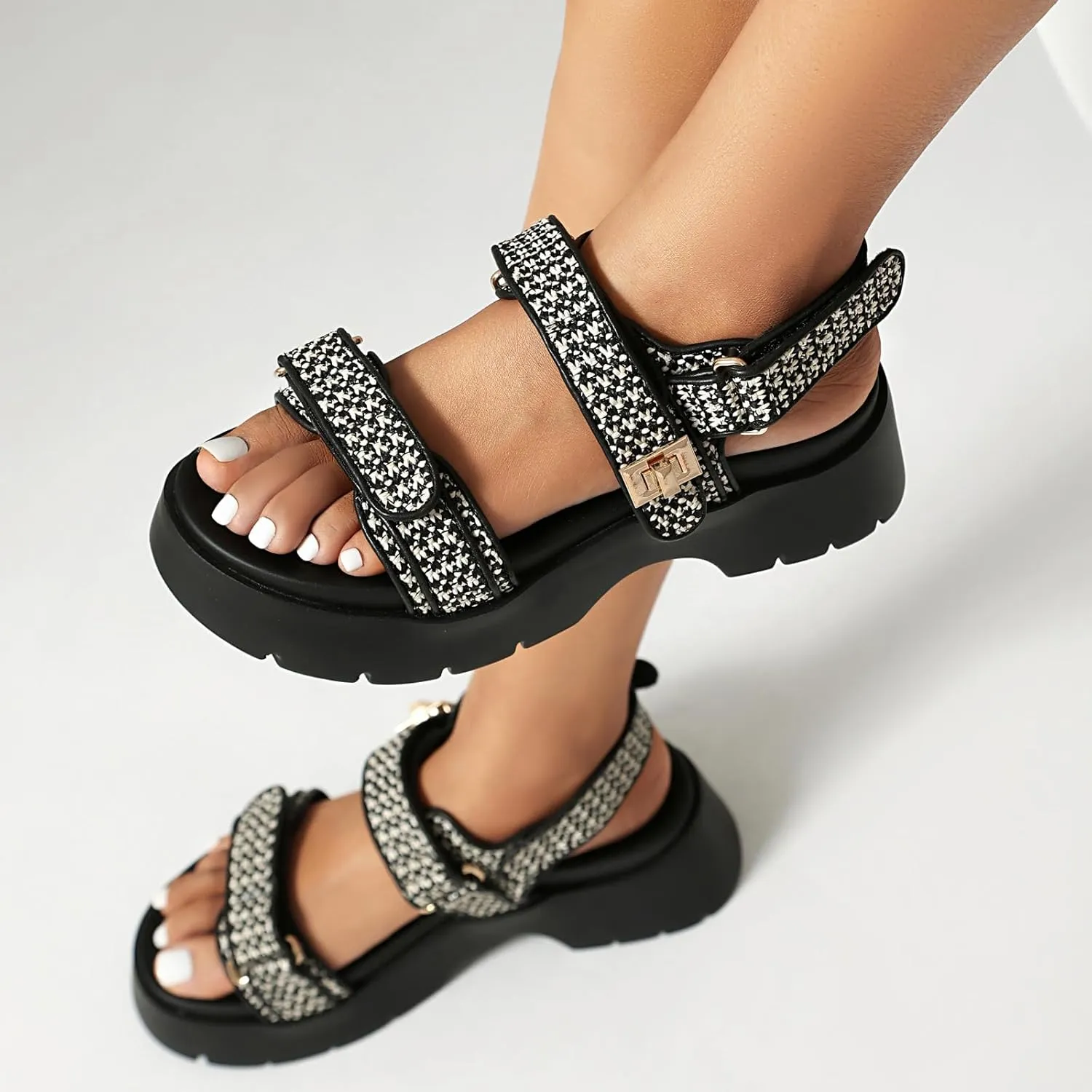 Women's Raffia Platform Sandals Adjustable Double Buckle Strap Open Toe Slingback Summer Beach Sandals Thick Sole