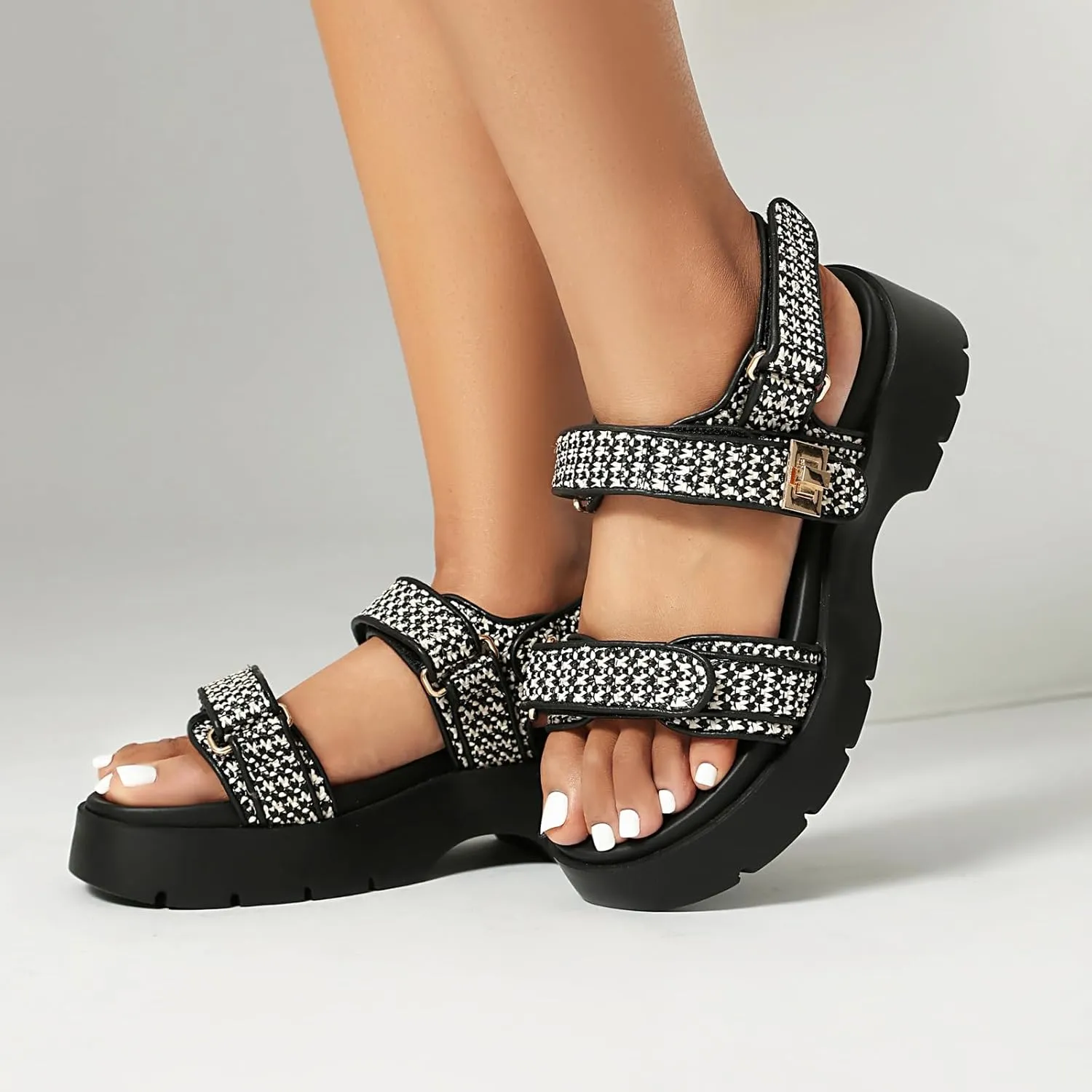 Women's Raffia Platform Sandals Adjustable Double Buckle Strap Open Toe Slingback Summer Beach Sandals Thick Sole