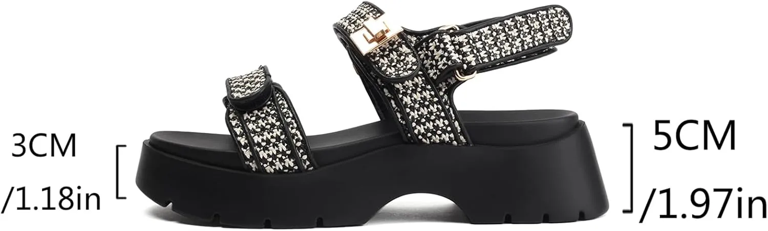 Women's Raffia Platform Sandals Adjustable Double Buckle Strap Open Toe Slingback Summer Beach Sandals Thick Sole